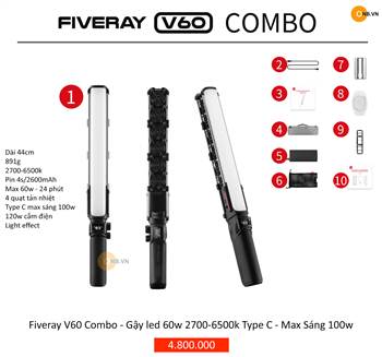 Fiveray V60 Combo - Gậy led 60w 2700-6500k Type C - Max Sáng 100w
