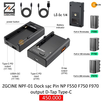 ZGCine NP-F001 Dock sạc Pin NP F550 F750 F970 có output DTap Type C