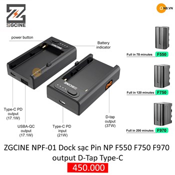 ZGCine NP-F001 Dock sạc Pin NP F550 F750 F970 có output DTap Type C