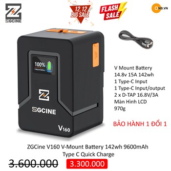 ZGCine V160 V-Mount Battery 142wh 9600mAh Type C Quick Charge